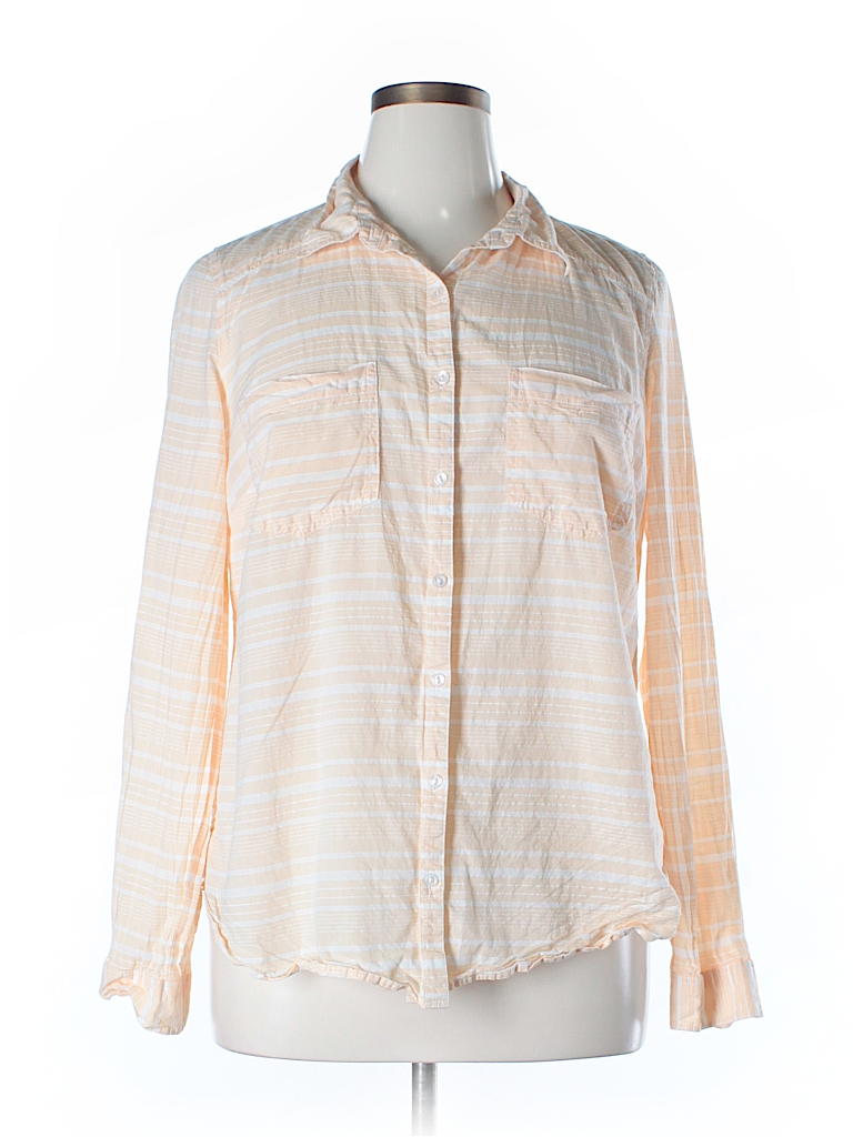 Maurices 100% Cotton Stripes Orange Long Sleeve Button-Down Shirt Size ...