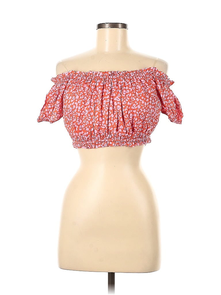 Pre-owned Blue Blush Short Sleeve Top Red Strapless Neckline Tops