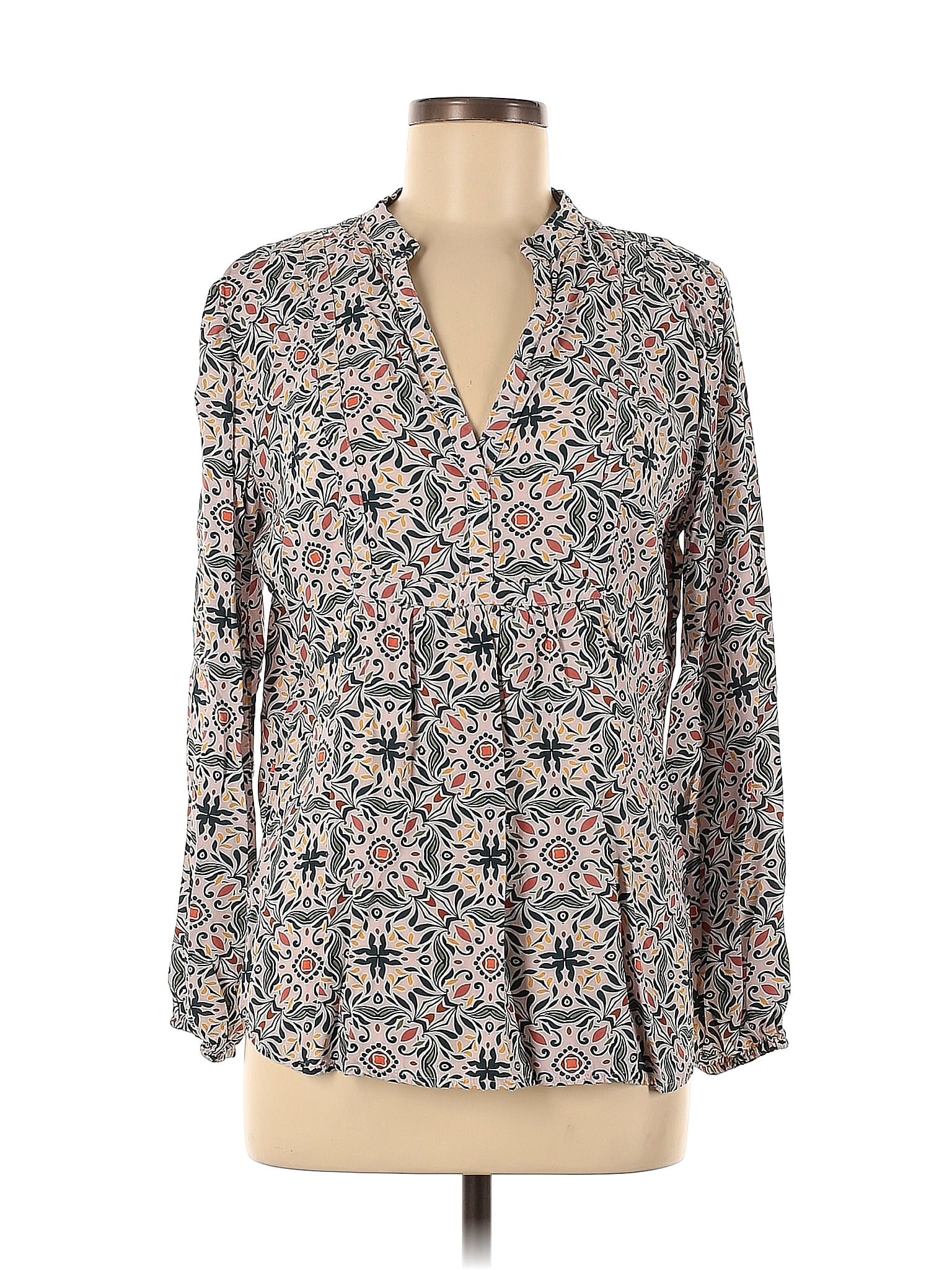 Ann Taylor Loft 100 Rayon Floral Motif Blue Long Sleeve Blouse Size M