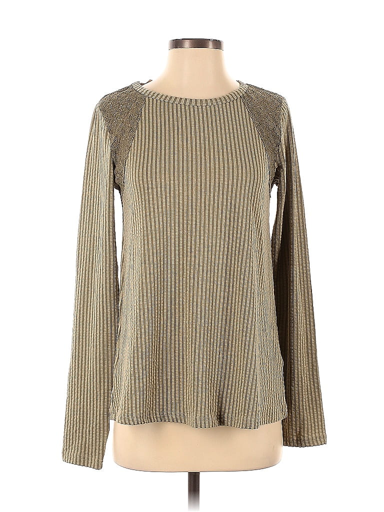 Hem & Thread Long Sleeve Top Tan Square Neckline Tops In Green
