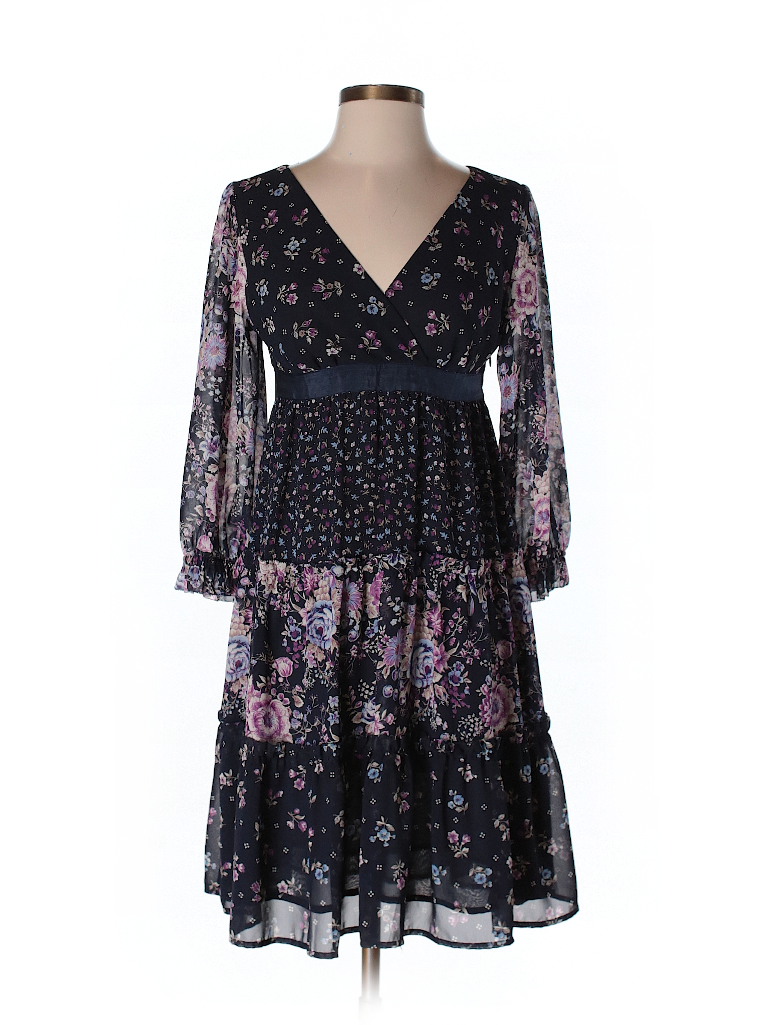 Ann Taylor LOFT 100% Polyester Floral Navy Blue Casual Dress Size 0 ...