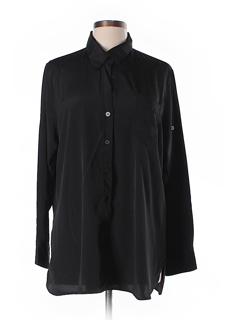 Ellen Tracy 100% Polyester Solid Black Long Sleeve Blouse Size L - 77% ...