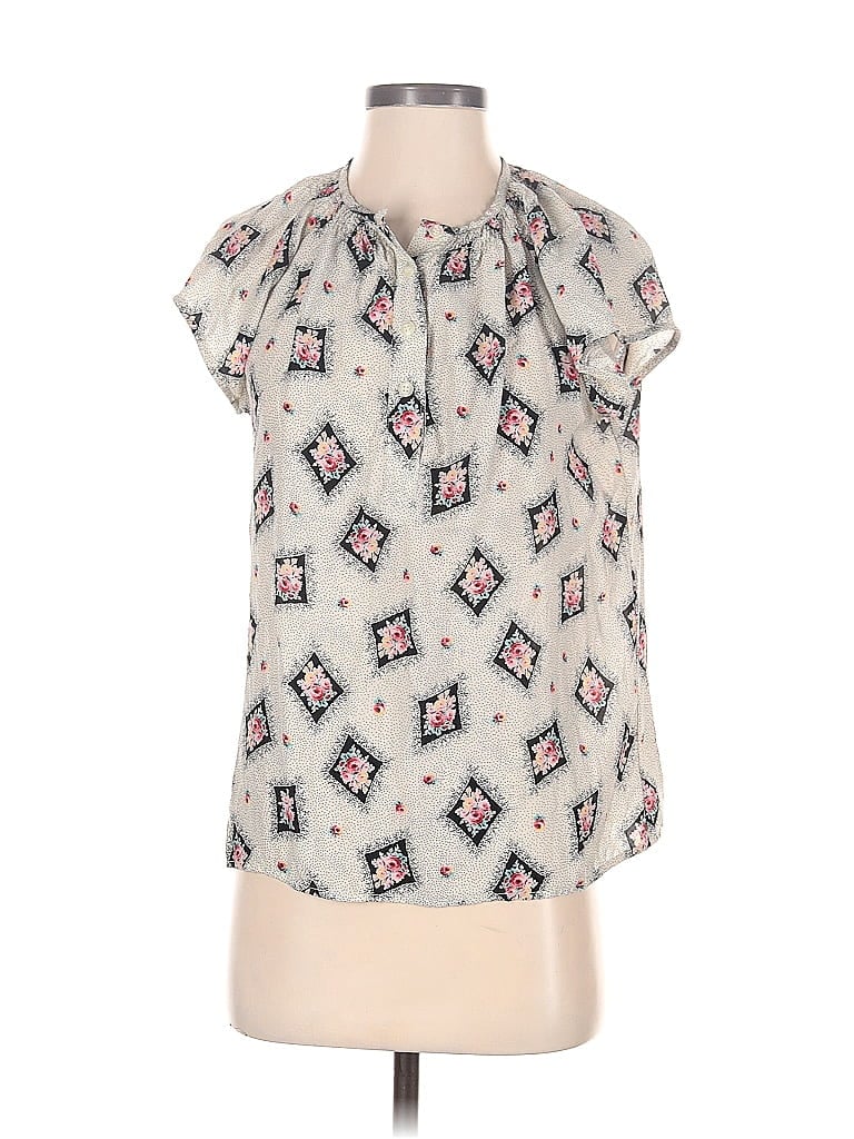 Click to view more detailed imagery on our partner's website Pre-owned Tucker Short Sleeve Silk Top Gray Keyhole Neckline Tops