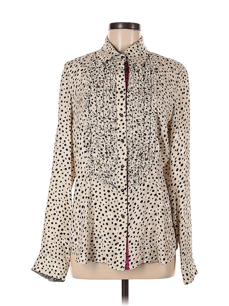 House of Harlow 1960 100% Silk Polka Dots Animal Print Ivory Long Sleeve Silk Top Size 9 - photo 1