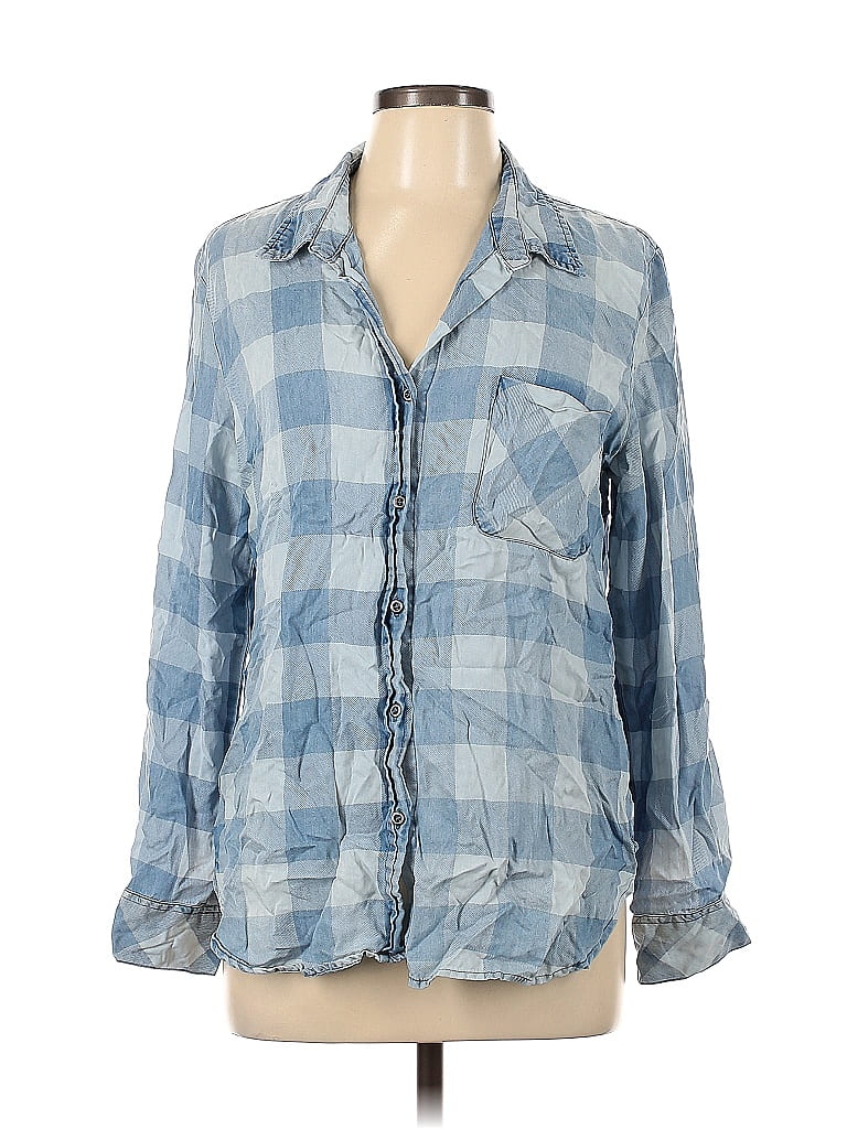 Billy T 100% Lyocell Checkered-gingham Plaid Blue Long Sleeve Button ...