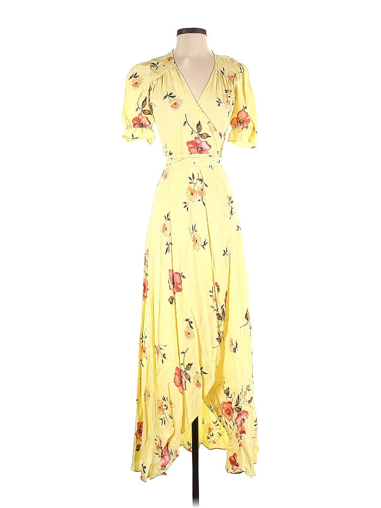 Reformation 100% Viscose Floral Motif Floral Yellow Casual Dress Size ...