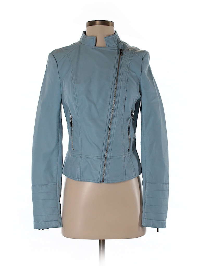 Black Rivet 100% Polyurethane Solid Light Blue Faux Leather Jacket Size ...