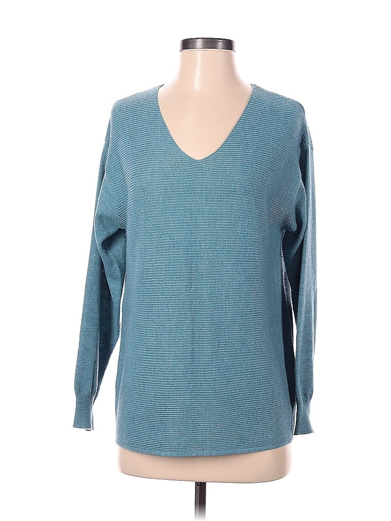 Pre-owned Ella Moss Long Sleeve Top Teal V Neck Tops In Blue