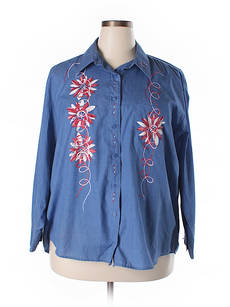 Las Olas Floral Blue Long Sleeve Button-Down Shirt Size 1X (Plus) - 61% ...