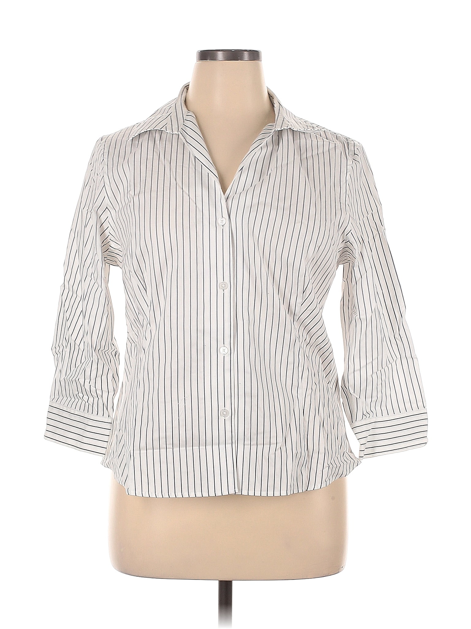 Anne Klein 100% Cotton Stripes White 3/4 Sleeve Button-Down Shirt Size ...