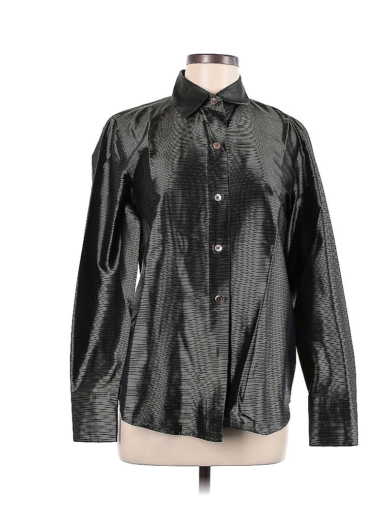 Click to view more detailed imagery on our partner's website Pre-owned Linda Allard Ellen Tracy Long Sleeve Silk Top Green Metallic Pattern Collared Neckline Tops