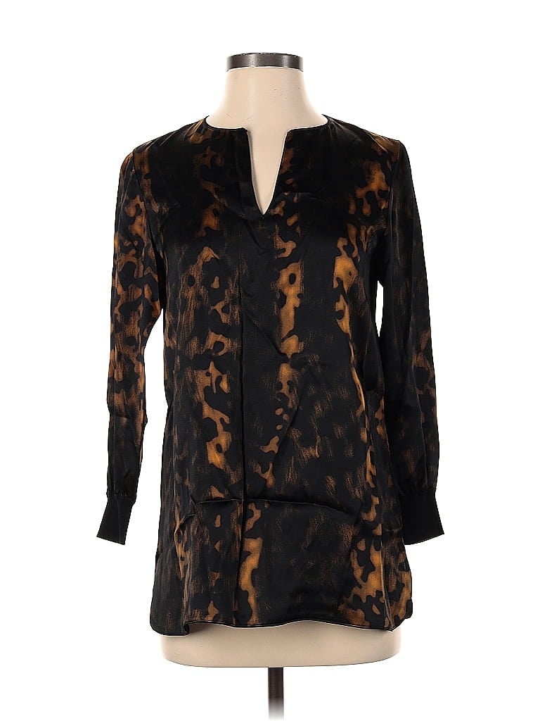 Pre-owned Lafayette 148 Long Sleeve Silk Top Black Animal Print Pattern Plunge Neckline Tops