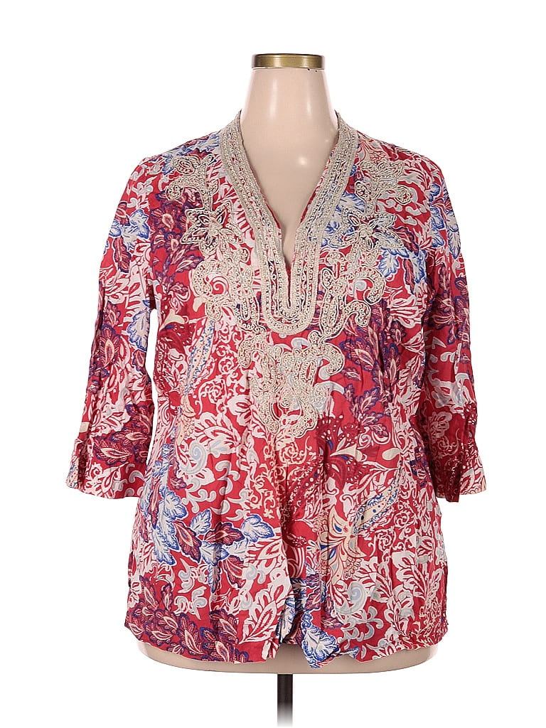 Charter Club Women's Printed Split Neck Top Red Size Large