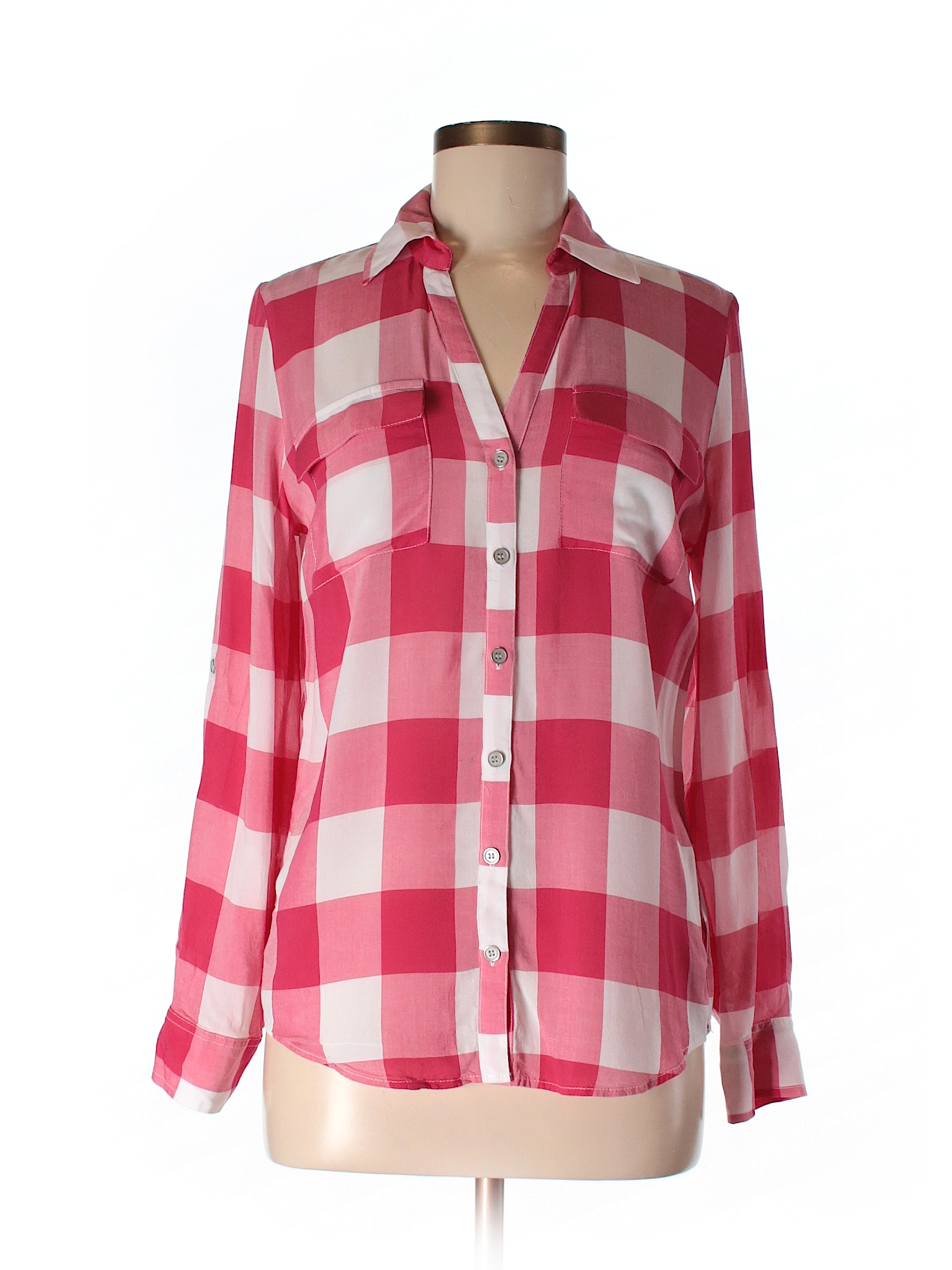 New York & Company 100% Viscose Checkered Gingham Pink Long Sleeve ...