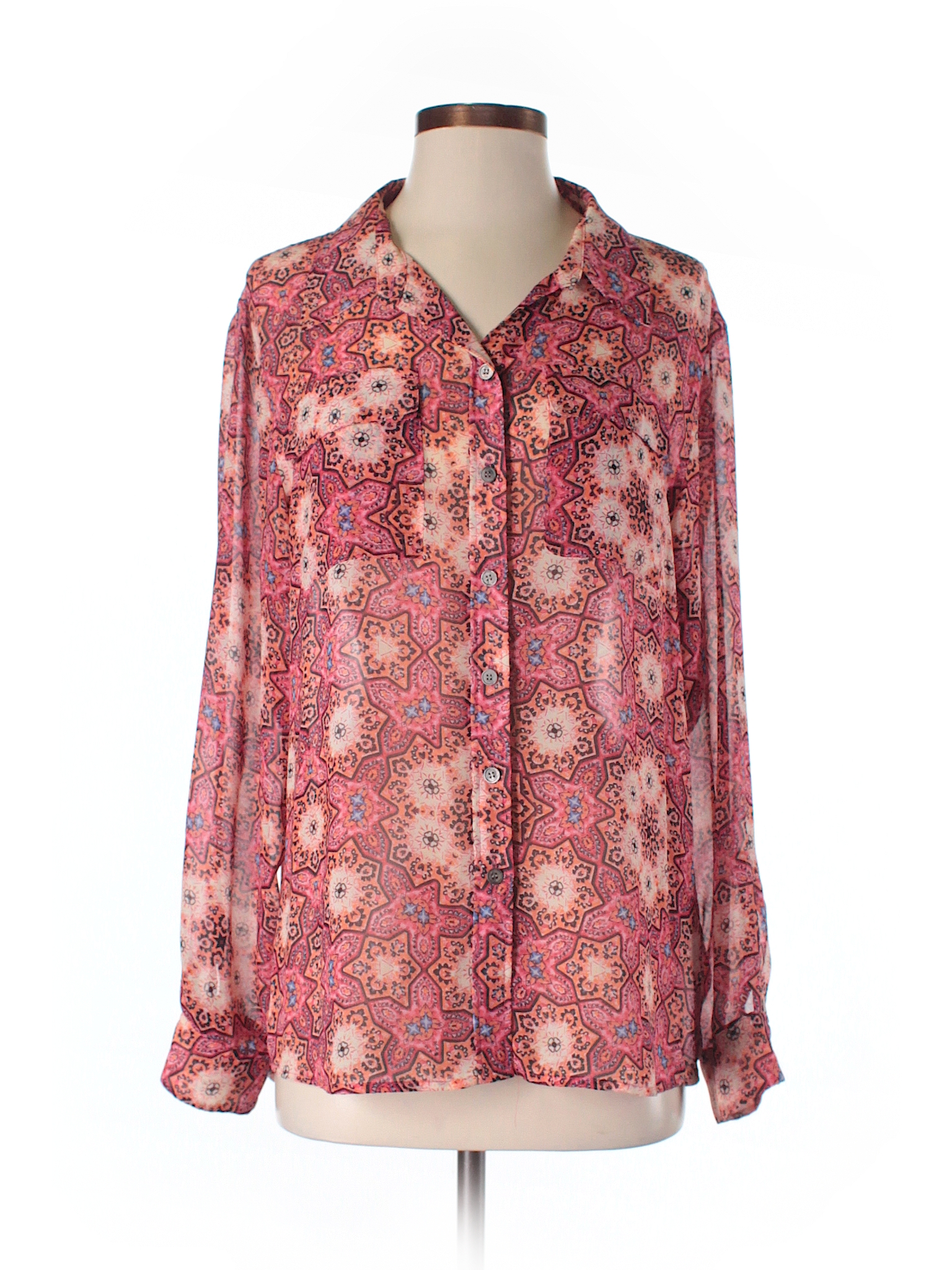 TWO by Vince Camuto 100% Polyester Print Pink Long Sleeve Blouse Size M ...