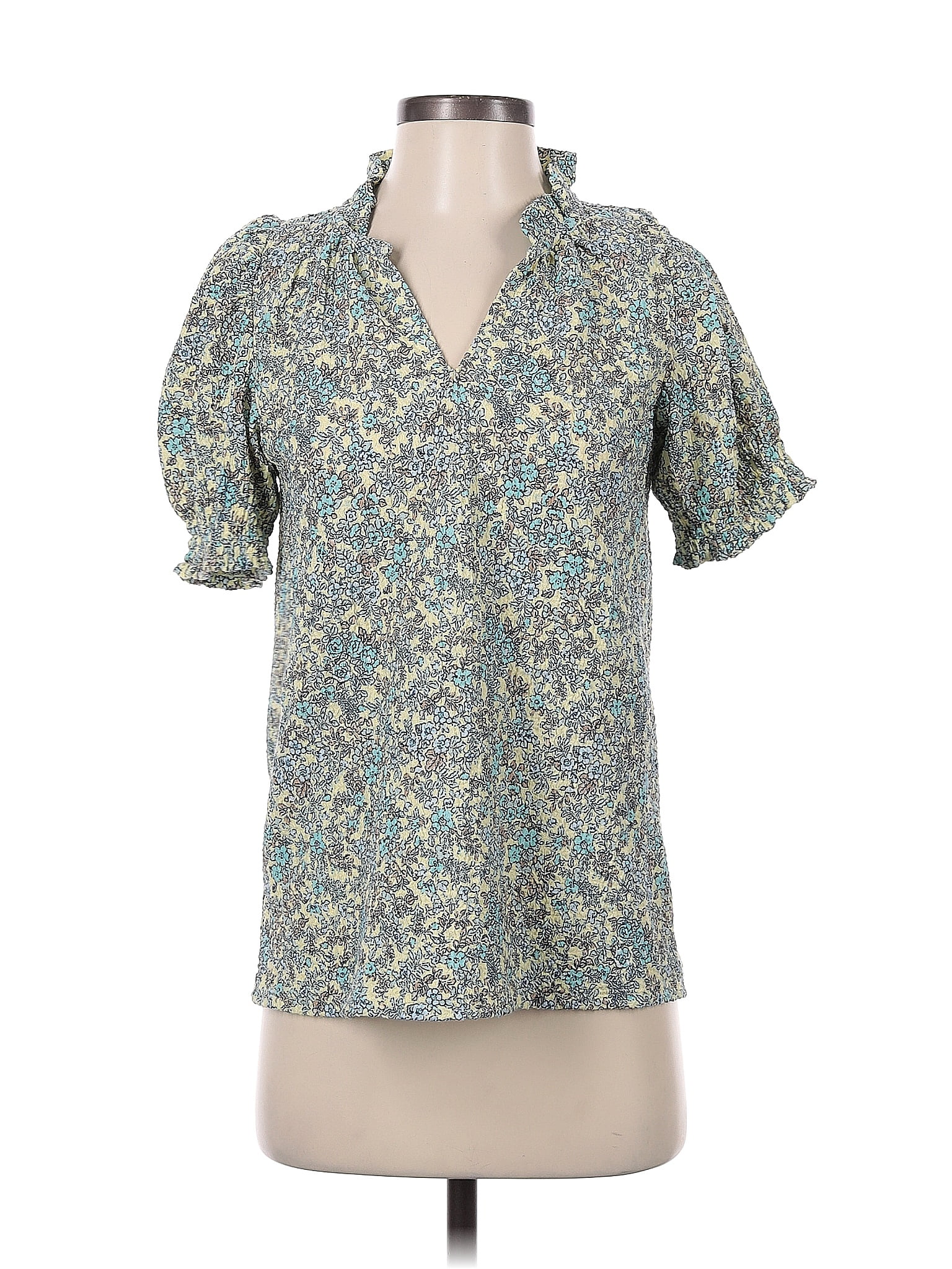 Ann Taylor LOFT Floral Teal Short Sleeve Blouse Size XXS (petite)