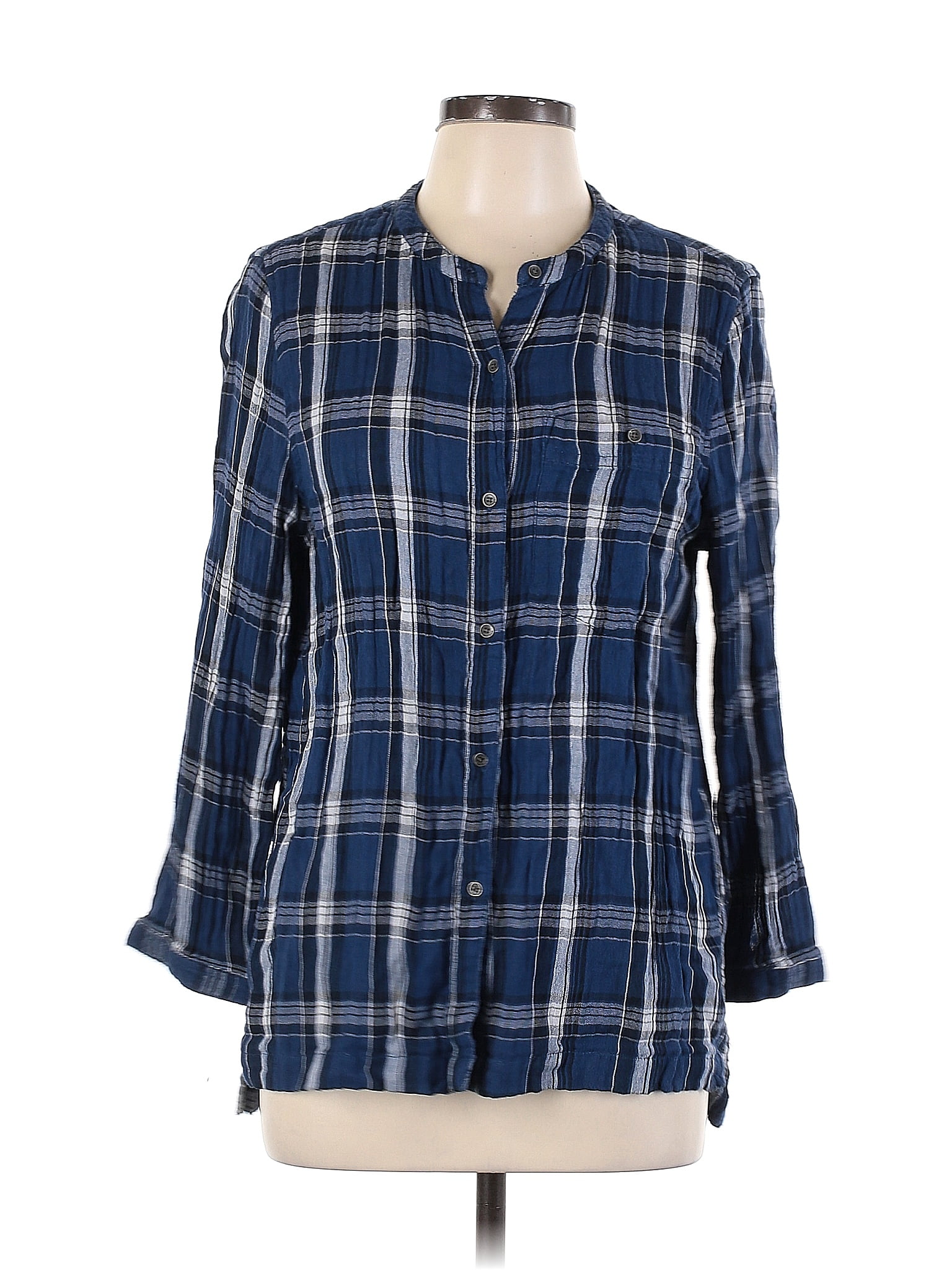 CALVIN KLEIN JEANS 100 Cotton Plaid Blue 3/4 Sleeve ButtonDown Shirt