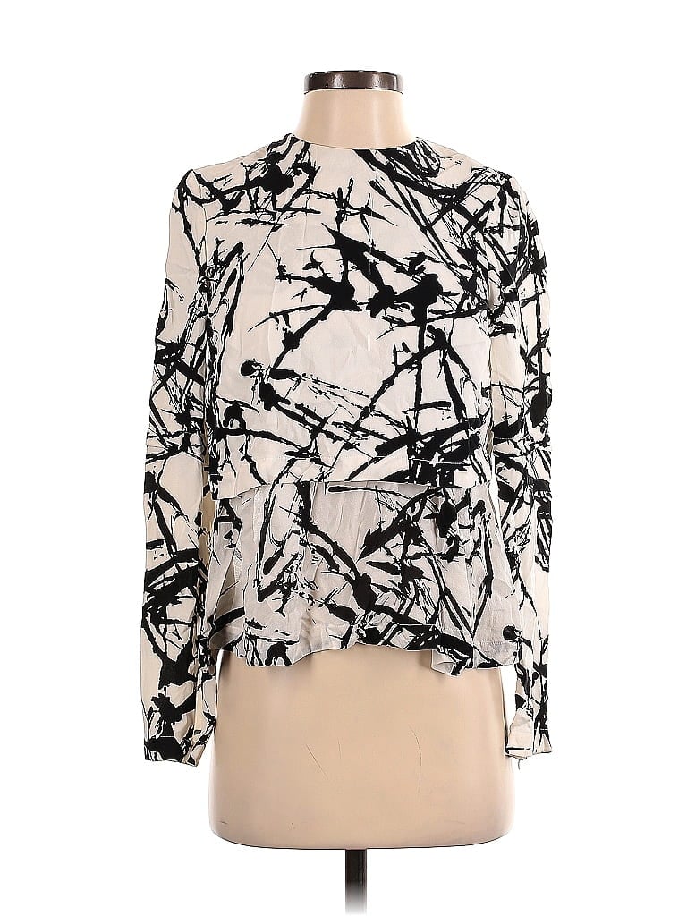 Pre-owned A.l.c Long Sleeve Silk Top Ivory Print Pattern Mock Neckline Tops In White