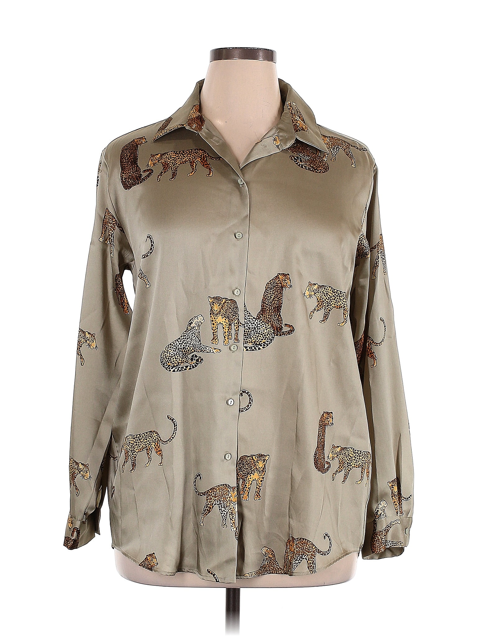 Zara 100 Polyester Animal Print Tan Long Sleeve Blouse Size XL 34