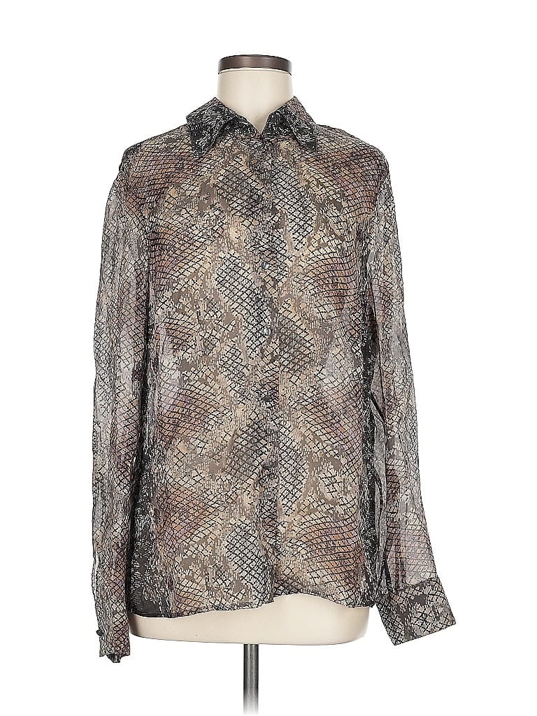 Escada 100% Silk Animal Print Silver Brown Long Sleeve Silk Top Size EU ...