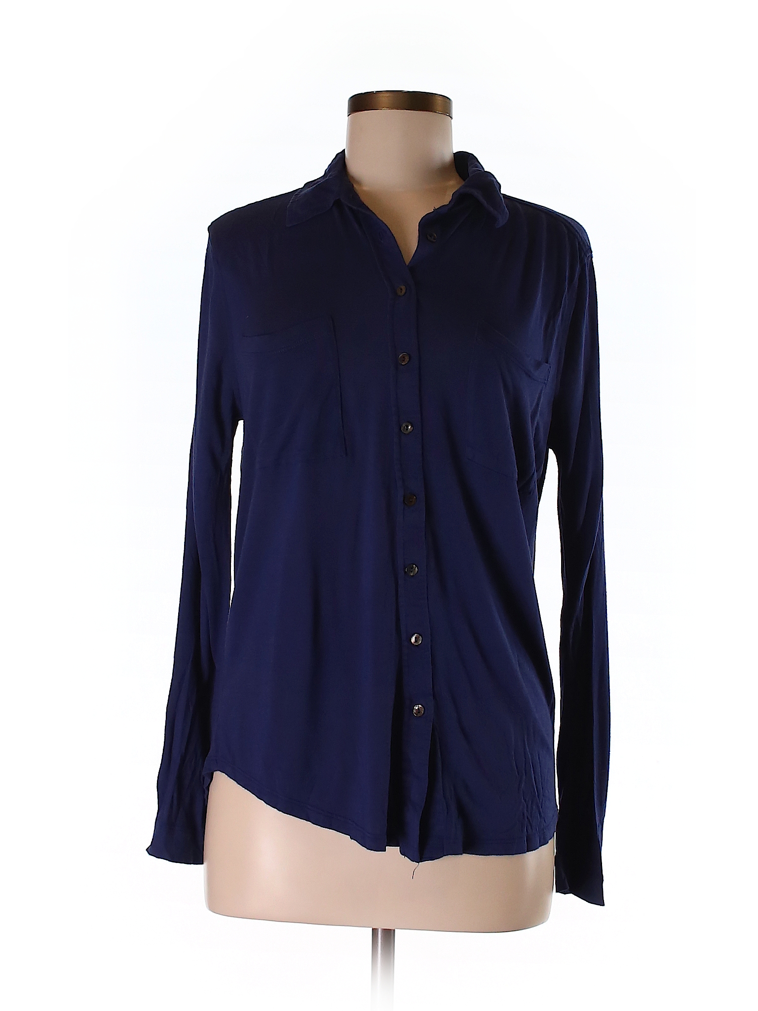 Joe Fresh 100% Viscose Solid Navy Blue Long Sleeve Button-Down Shirt ...