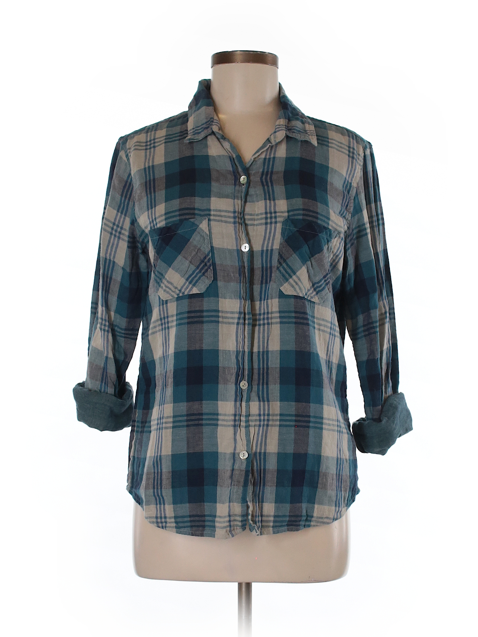 Velvet by Graham & Spencer 100% Cotton Plaid Dark Blue Long Sleeve ...