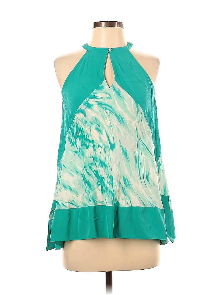 Click to view more detailed imagery on our partner's website Pre-owned Magaschoni Sleeveless Silk Top Teal Halter Neckline Tops