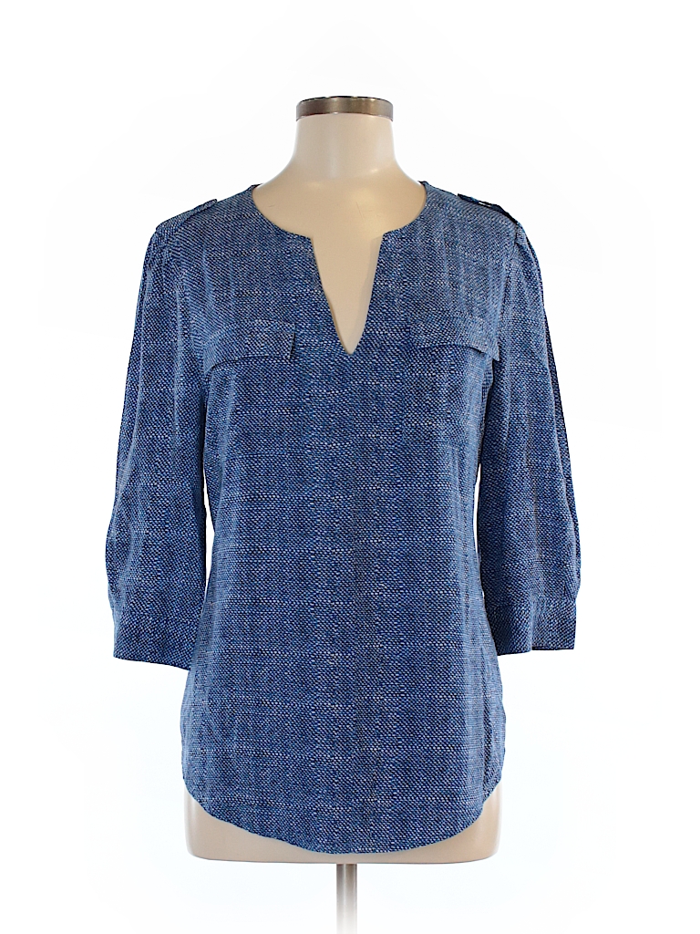 Cynthia Rowley TJX 100% Rayon Print Dark Blue 3/4 Sleeve Blouse Size M ...