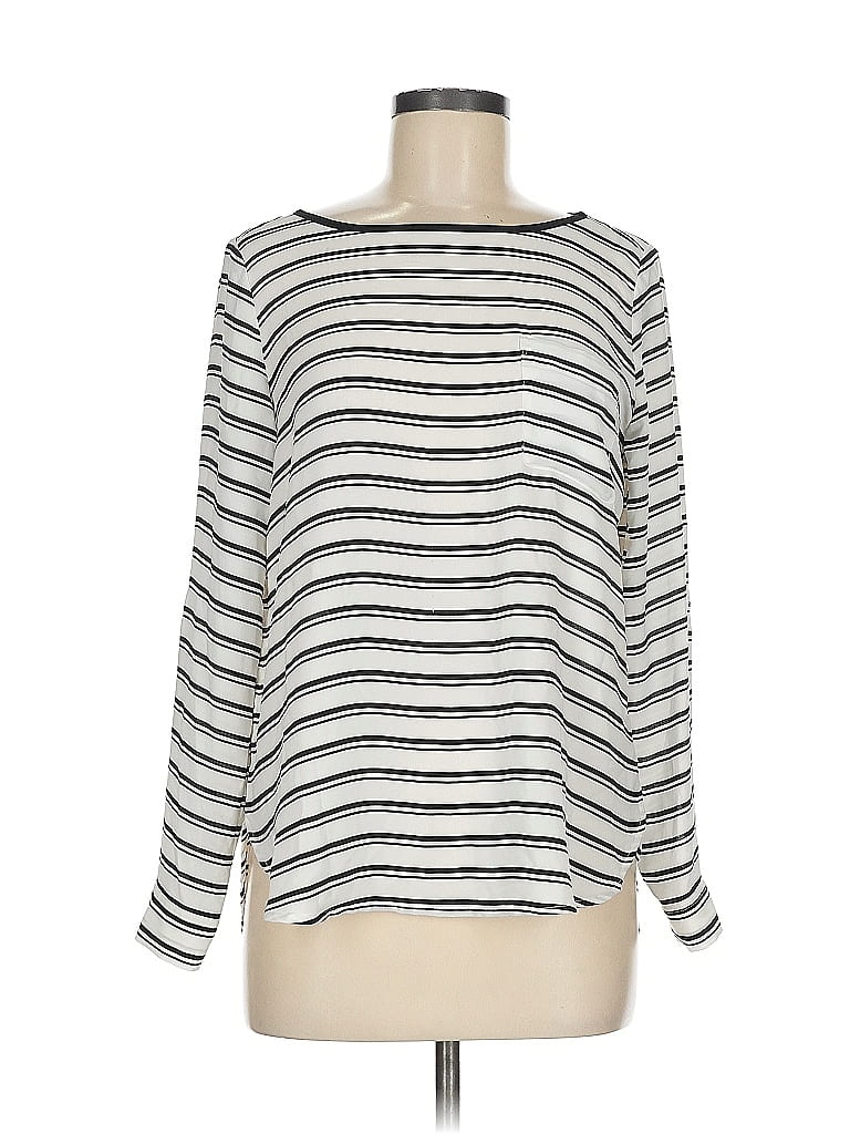 Pre-owned Ann Taylor Loft Long Sleeve Top White Stripes Pattern Boatneck Tops