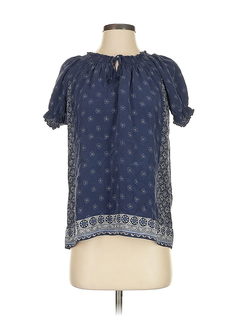 Pre-owned Joie Short Sleeve Silk Top Blue Keyhole Neckline Tops