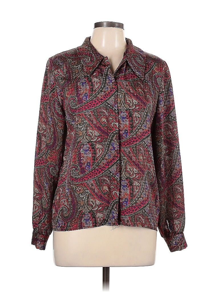 Elite 100% Polyester Paisley Burgundy Long Sleeve Blouse Size 10 - photo 1