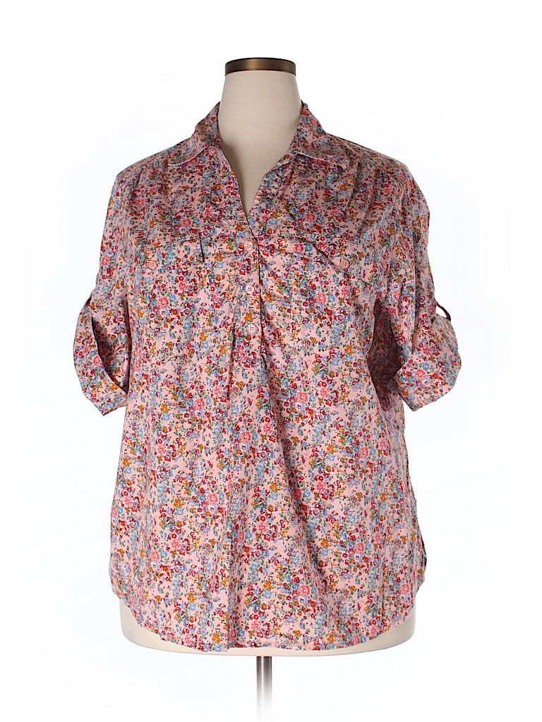 Cathy Daniels 100% Cotton Floral Light Pink Short Sleeve Button-Down ...