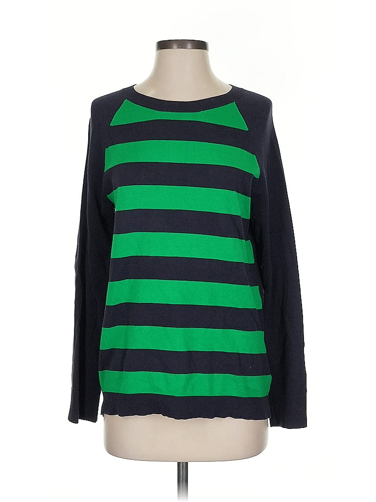 MICHAEL KORS Womens Green Sheer Pullover Vented Round Hem Striped Long Sleeve Split Tunic Top main image 1