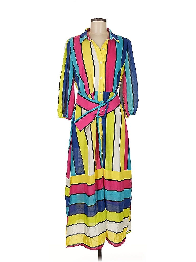 New York & Company 100% Polyester Stripes Yellow Casual Dress Size M - photo 1