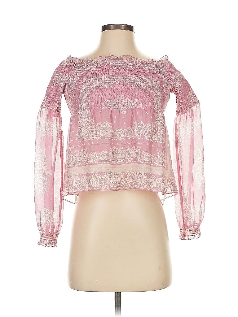 Pre-owned Intermix Long Sleeve Silk Top Pink Cold Shoulder Neckline Tops
