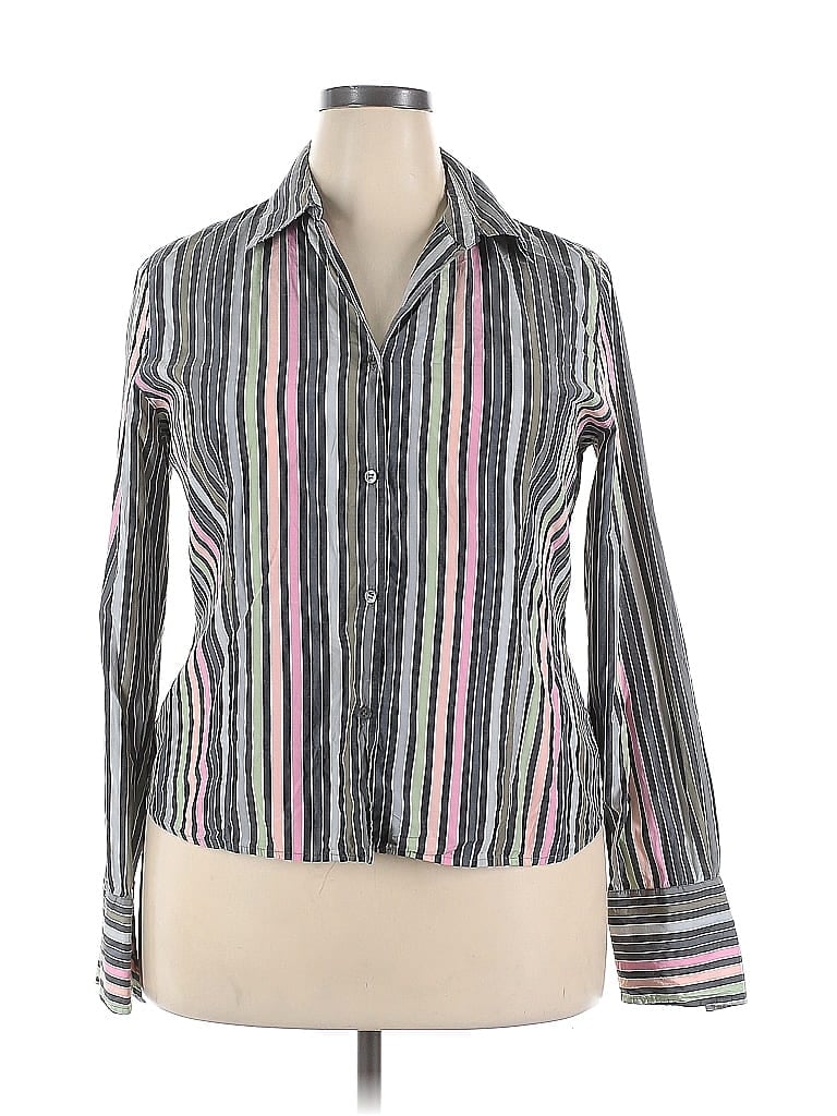 Doncaster Collection Stripes Gray Long Sleeve Silk Top Size 18 - photo 1