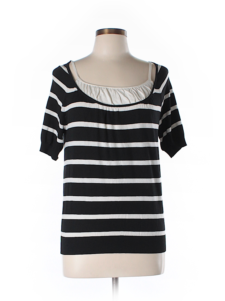 August Silk Stripes Black Short Sleeve Silk Top Size L - 64% off | thredUP