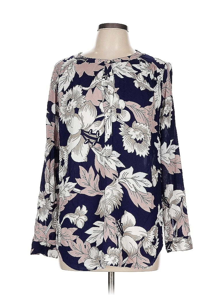 Ann Taylor LOFT Outlet 100% Rayon Floral Blue Long Sleeve Blouse Size L - photo 1