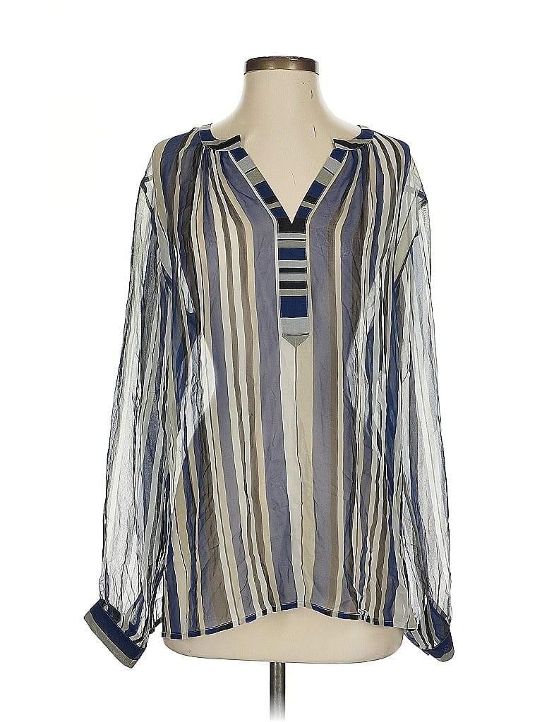 Pre-owned Worth New York Long Sleeve Silk Top Blue Open Neckline Tops