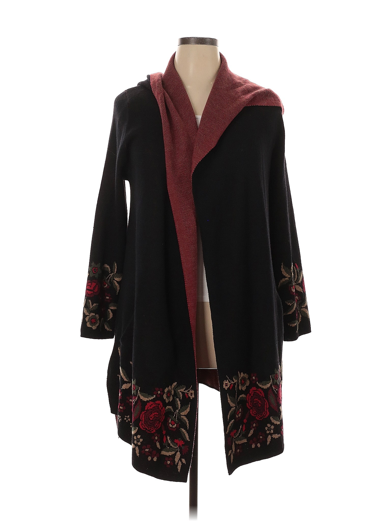 MAXSPORT Women's Large Black Red Floral Hooded Cardigan Sweater Long hotsell Line Duster