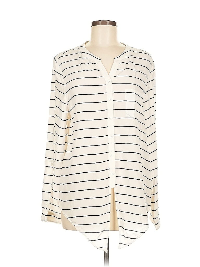 Click to view more detailed imagery on our partner's website Pre-owned Joie Long Sleeve Silk Top Ivory Stripes Pattern Plunge Neckline Tops In White