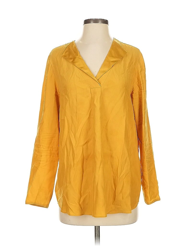 Pre-owned Lafayette 148 Long Sleeve Silk Top Yellow Open Neckline Tops