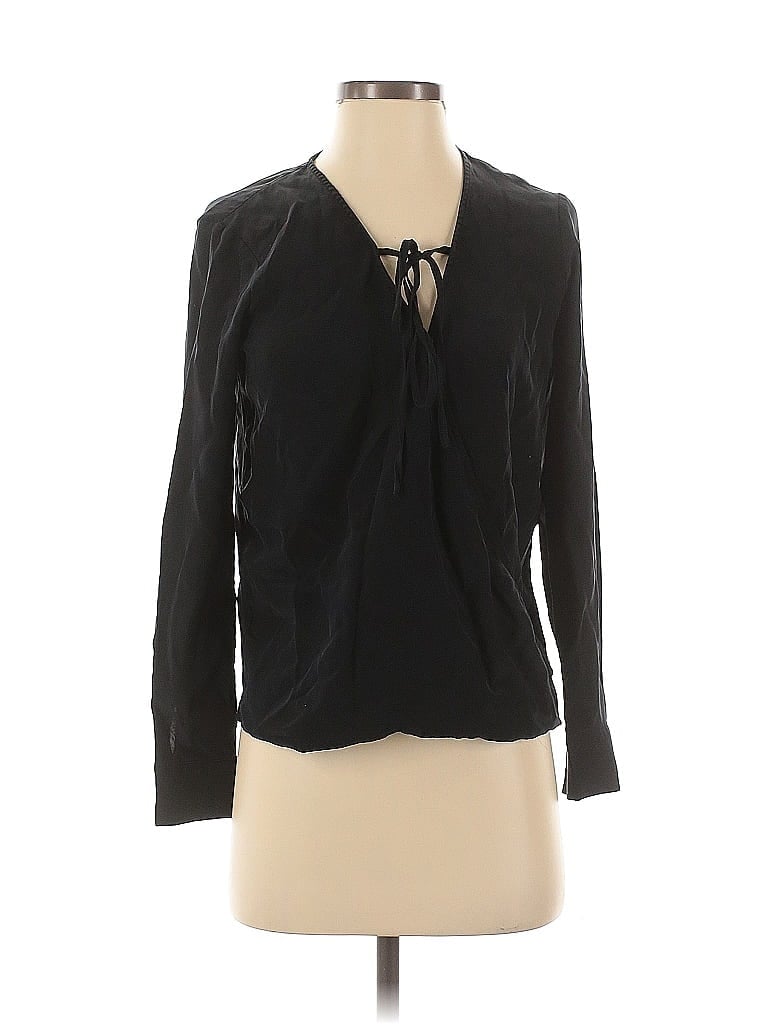 Pre-owned Barneys New York Long Sleeve Silk Top Black Keyhole Neckline Tops
