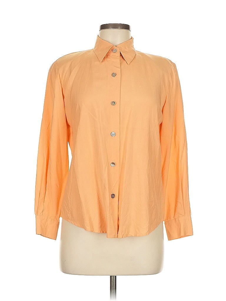 LINDA ALLARD ELLEN TRACY Pre-owned Long Sleeve Silk Top Orange Color Block Pattern Collared Neckline Tops