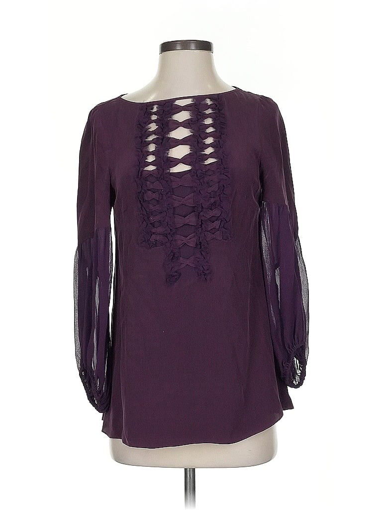 Pre-owned Nanette Lepore Long Sleeve Silk Top Purple Keyhole Neckline Tops