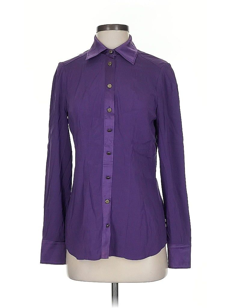 Pre-owned W By Worth Long Sleeve Silk Top Purple Collared Neckline Tops