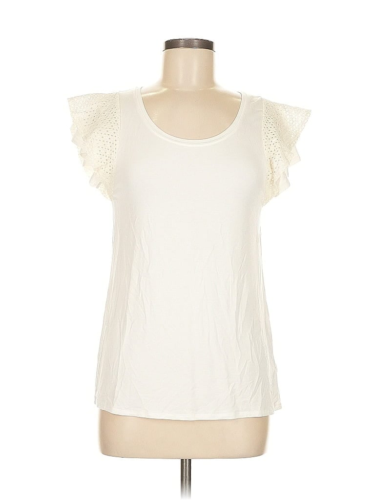 Pre-owned Stella & Dot Short Sleeve Top Ivory Ruffles Neckline Tops In White