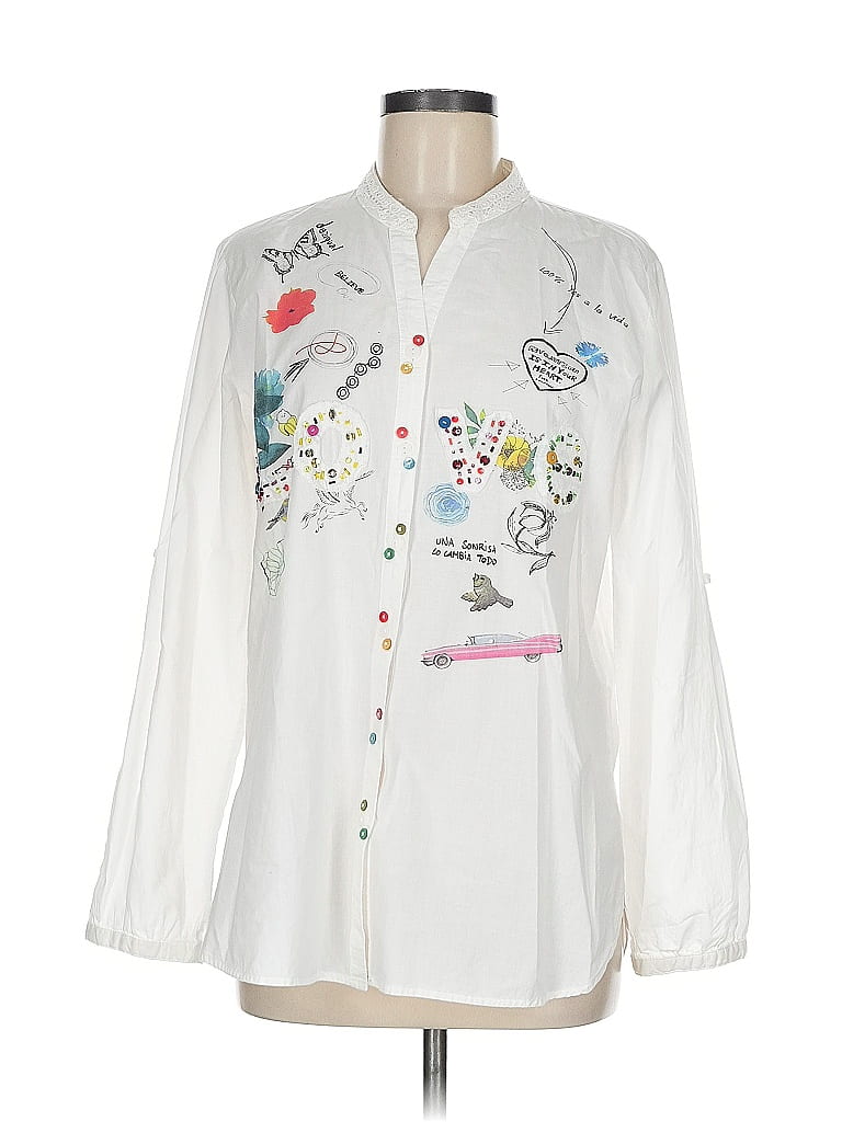 Desigual 100% Cotton Graphic White Long Sleeve Blouse Size XL - photo 1