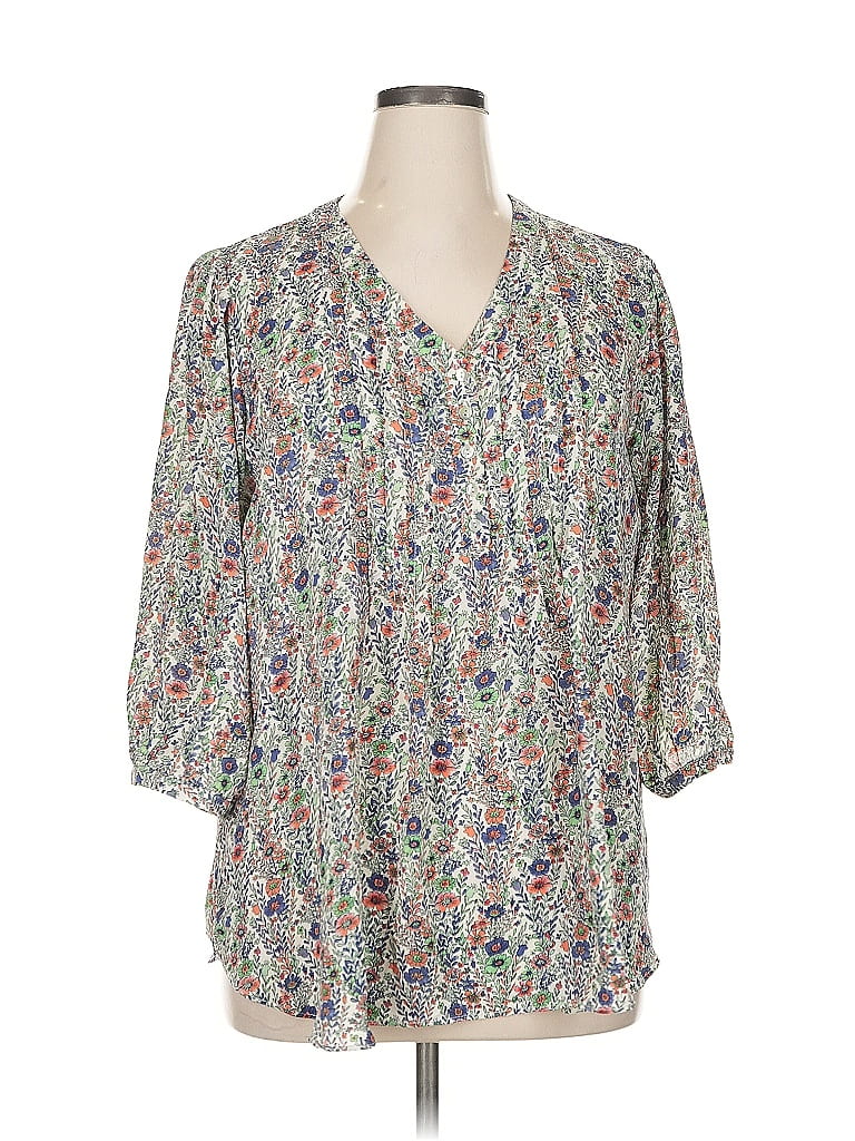 Rose + Olive 100% Polyester Floral Silver 3/4 Sleeve Blouse Size 1X - photo 1
