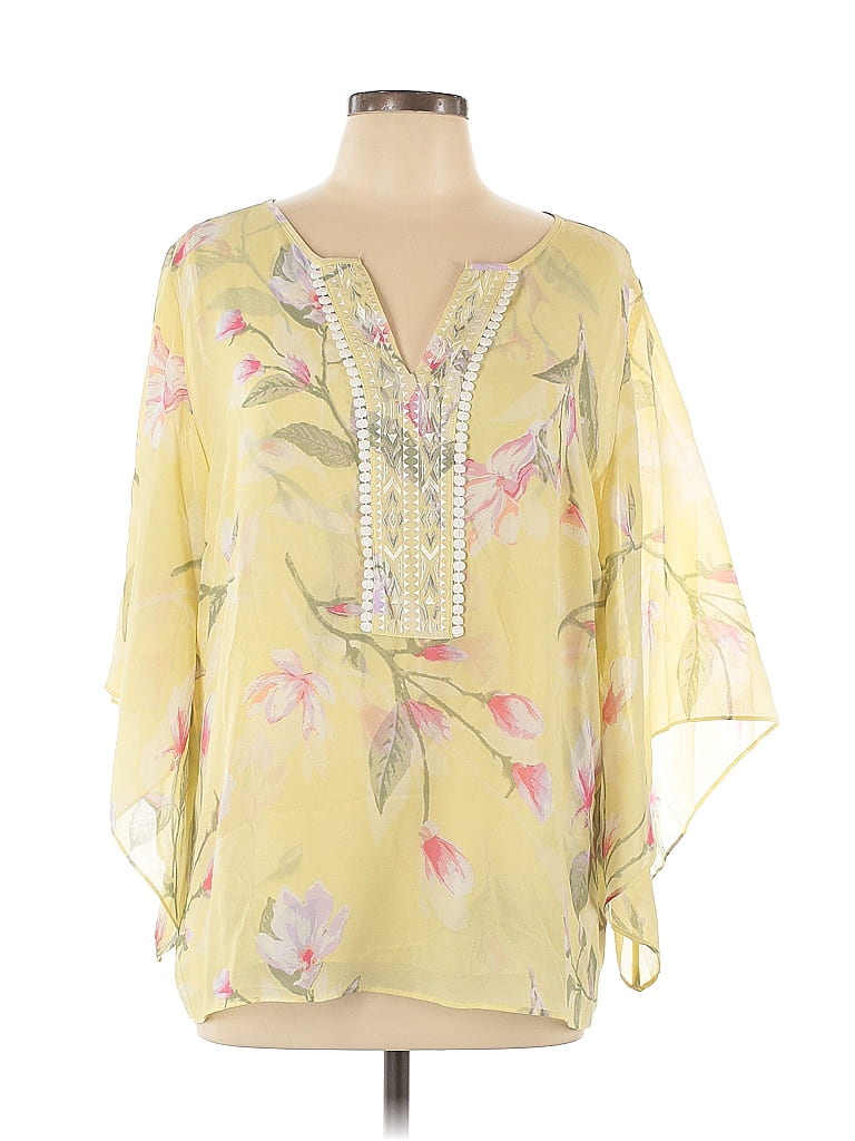 Belle By Kim Gravel 100% Polyester Yellow 3/4 Sleeve Blouse Size L - photo 1